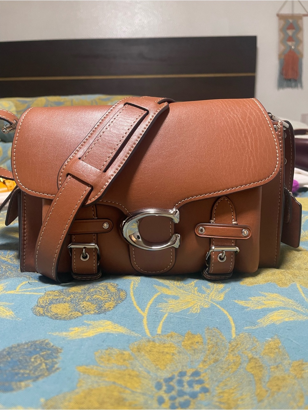 Leather Crossbody Satchel in Brown with Silver Hardware